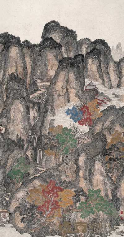 黄秋园  秋山悬瀑 立轴 173×91cm